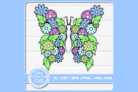 Floral Butterfly with Flowers and Leaves