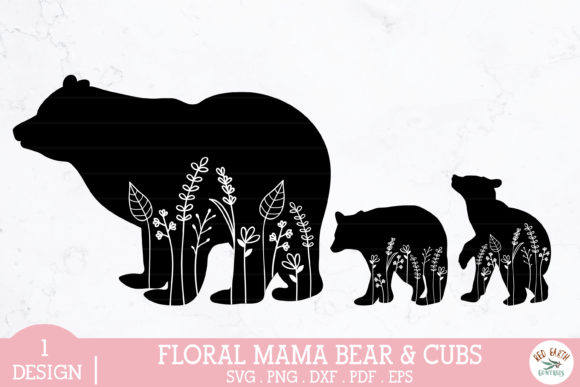 Floral Mama Bear and Baby Bear Cubs SVG
