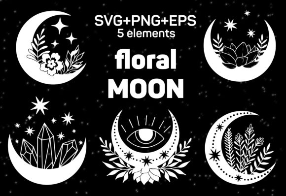 Floral Moon Set of Magic Elements in Svg
